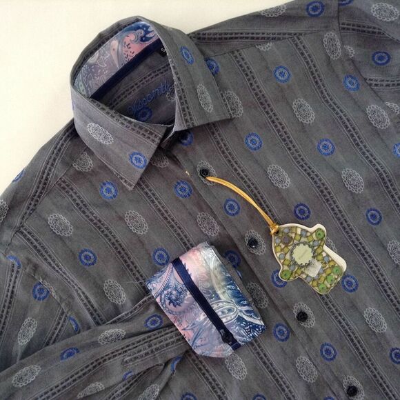 Visconti Shirt Mens Small Gray Blue Striped Medalions Flip Cuffs Business Casual - Picture 2 of 4